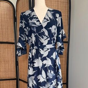 Halston Heritage XL Navy & Ivory Wrap Maxi Dress Flutter Sleeve Ruffle